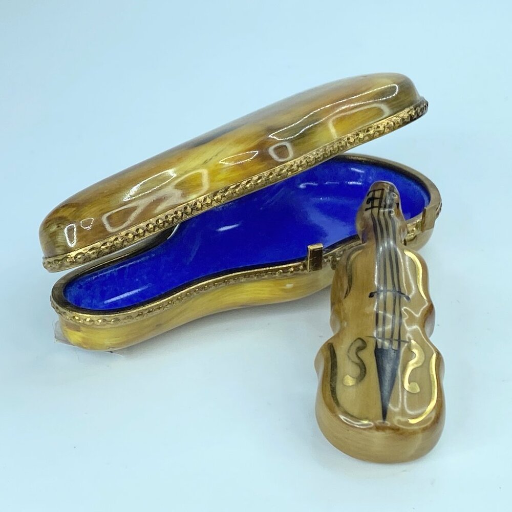 Limoges France Peint Main Porcelain Violin in Violin Case Trinket Box A85